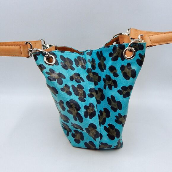 Maurizio Taiuti Italy Blue Leopard Print Pebbled Leather Purse Top Handle Bag - Picture 2 of 12